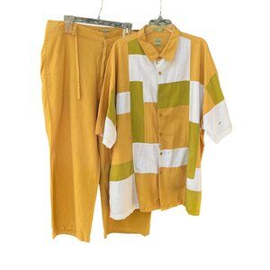 NYC74 Mens 2XL Patchwork Shirt & Pants Set Yellow Olive White Cotton‎ Linen READ